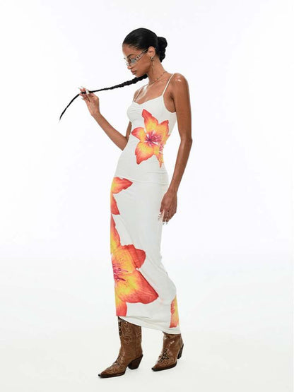 Flower Print Long Slim Suspender Dress