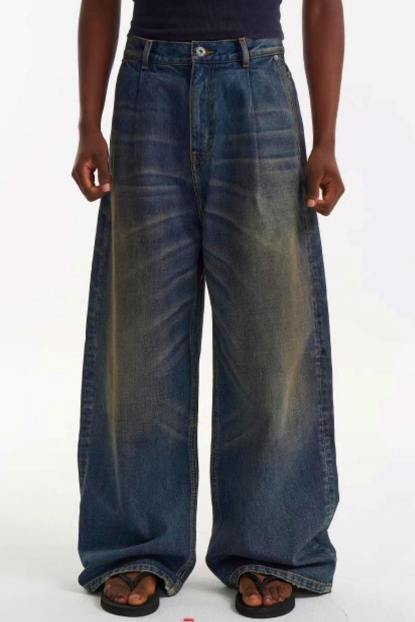 Pleated Washed Denim Pants