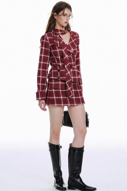 Retro Red Plaid Suit Skirt Set-Up