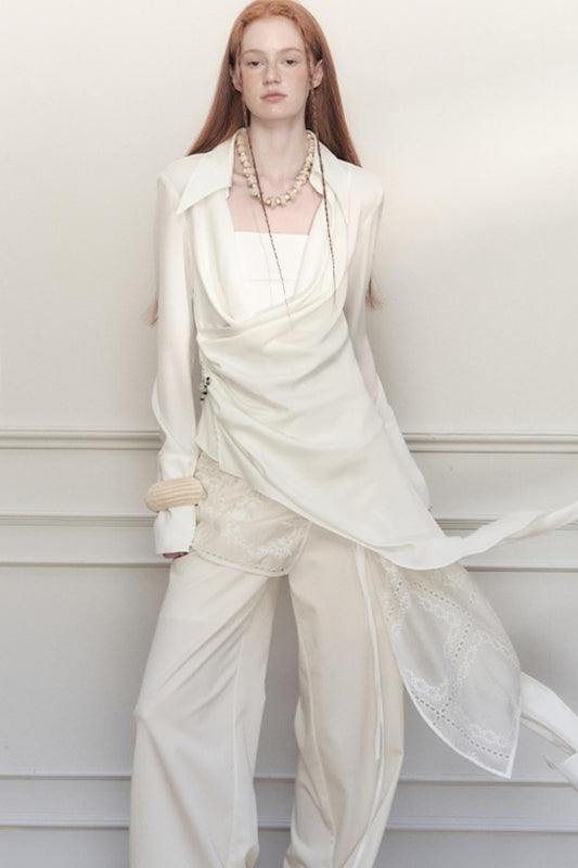 White Pleated Satin Blouse