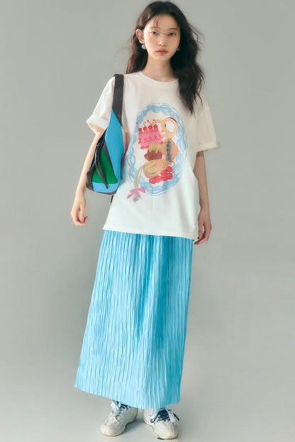 Original Design Glass Blue Elasticated Pleated Skirt