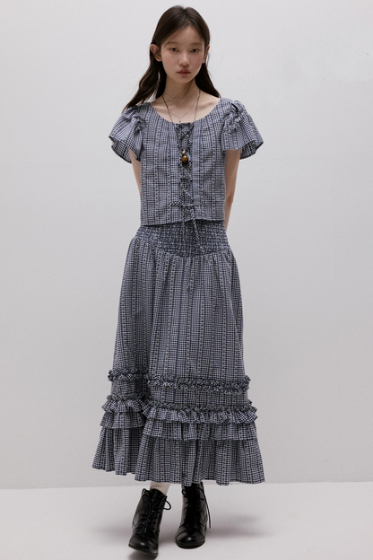 Maglia vichy blu con lacci