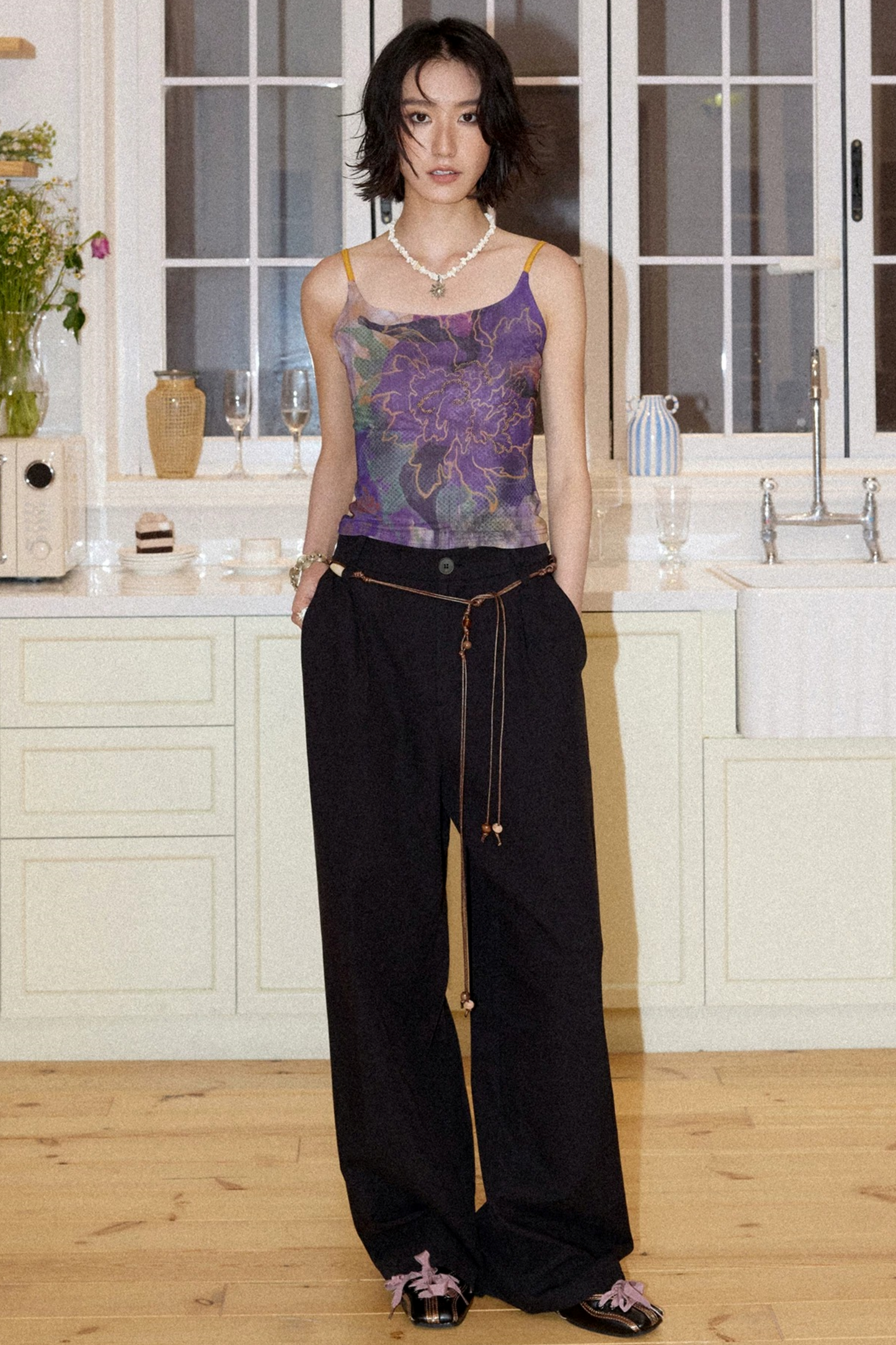 Floral Rhinestone Mesh Camisole