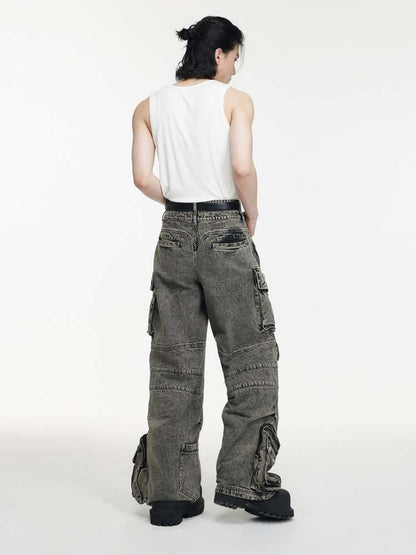 Multi Pocket Retro Wide Leg Denim Pants