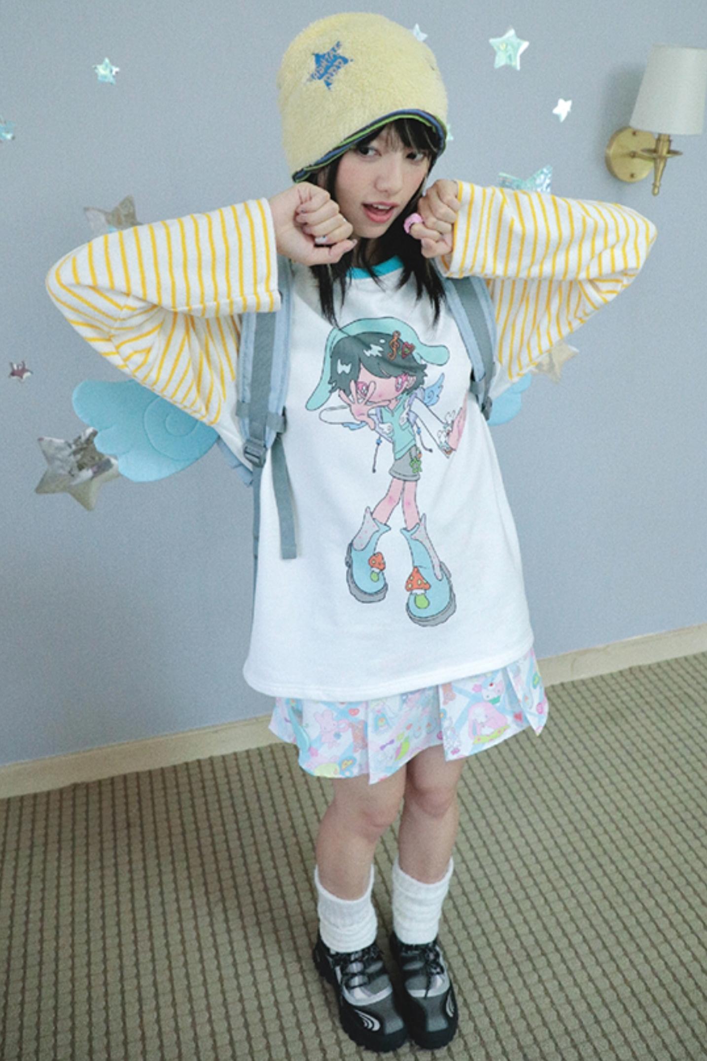 Cartoon Bird Stripe Raglan Sweatshirt