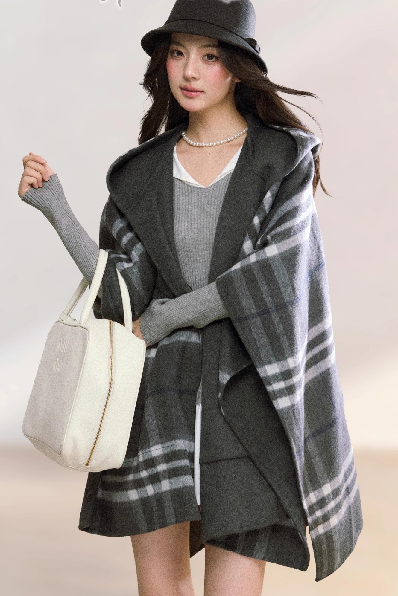 Gray Plaid Reversible Wool Cape Coat