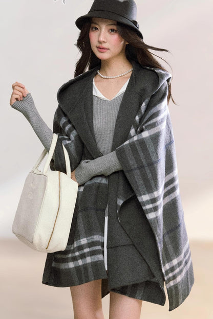 Gray Plaid Reversible Wool Cape Coat