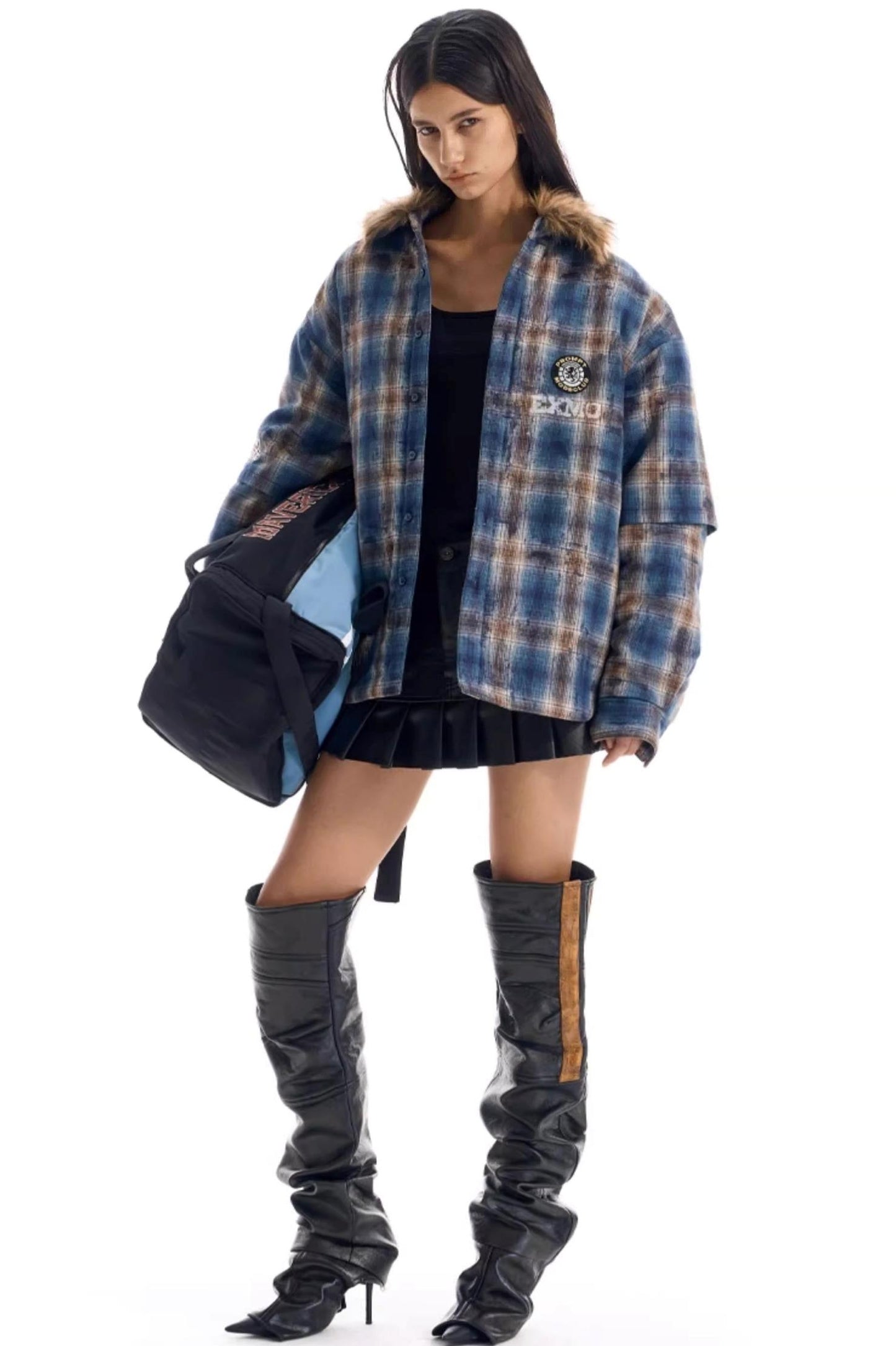 Embroidered Plaid Fur Collar Jacket