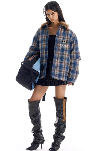 Embroidered Plaid Fur Collar Jacket