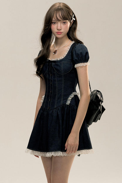 Denim Topstitch Square-Neck Pleated Dress