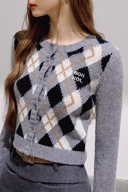 Vintage Diamond Plaid Knitted Cardigan