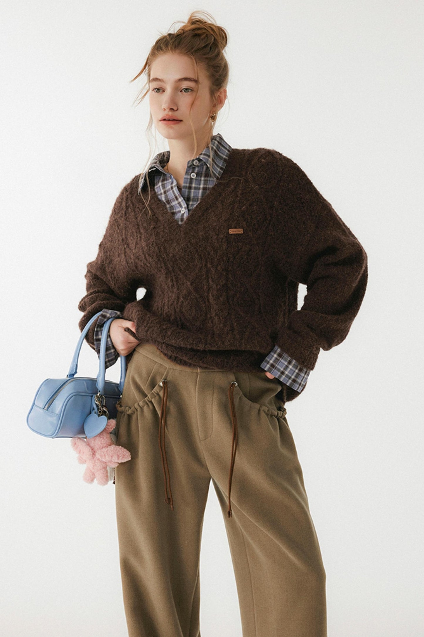 Brown Fake Two-Piece Plaid Shirt