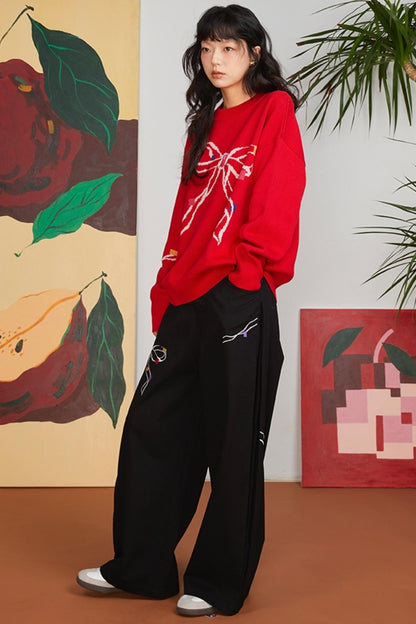 Loose Fit Bow Embroidery Pants