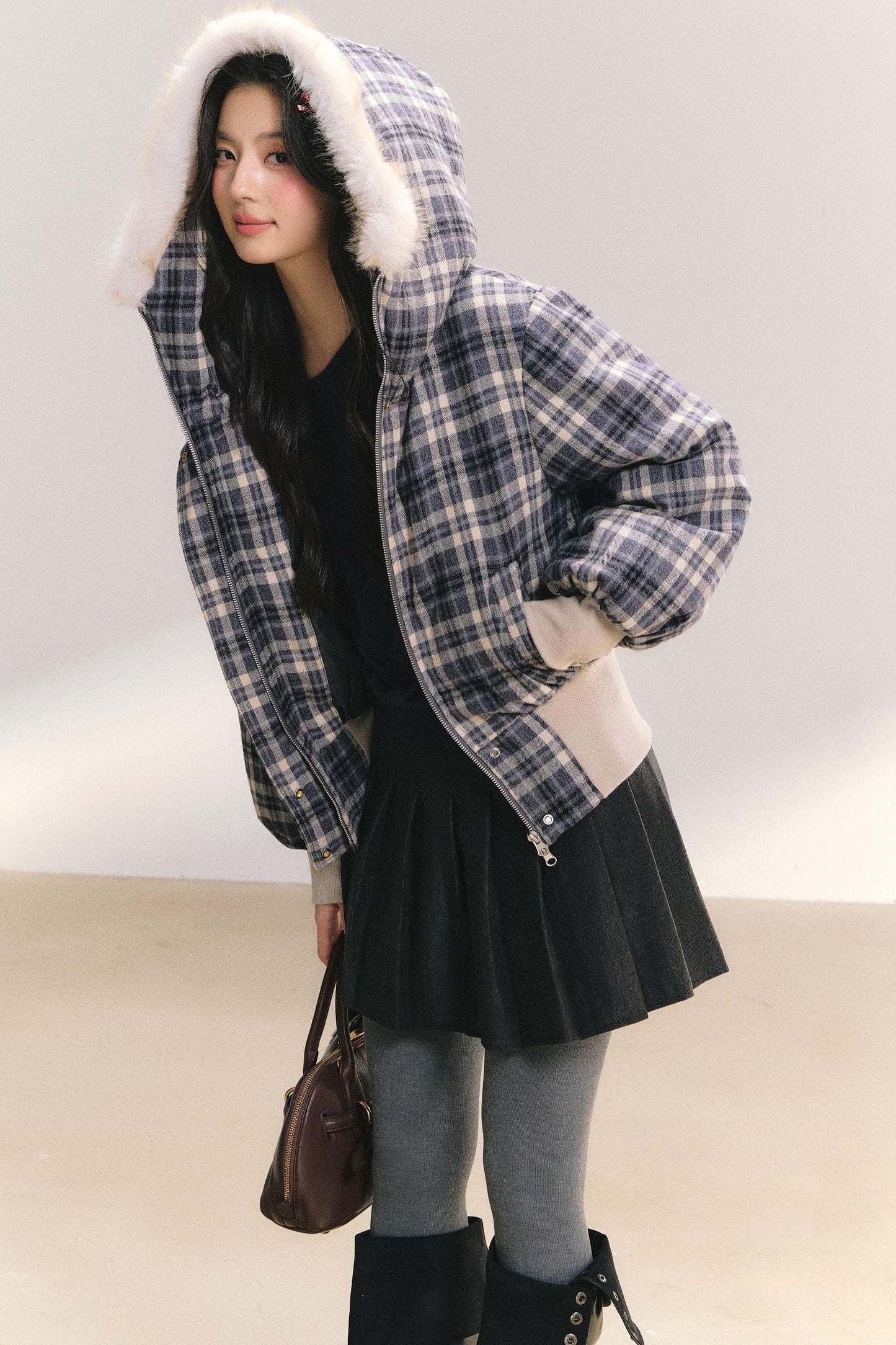 Plaid Fur Collar Winter Coat