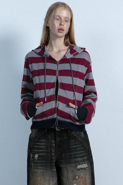 Contrast Stripe Zipper Cropped Sweatshirt