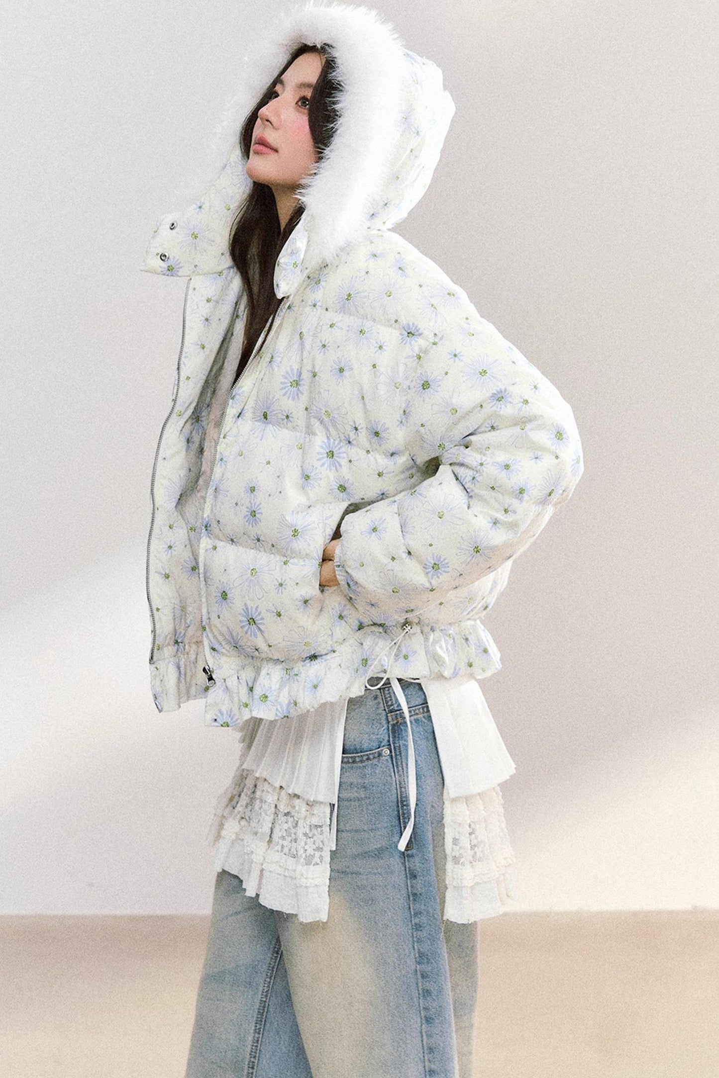 Fur Collar Daisy Print Jacket