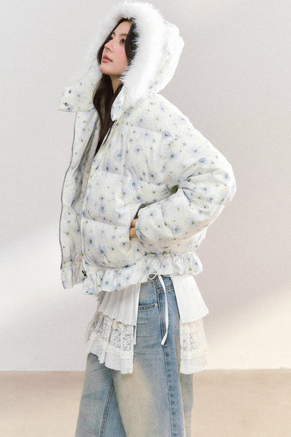 Fur Collar Daisy Print Jacket