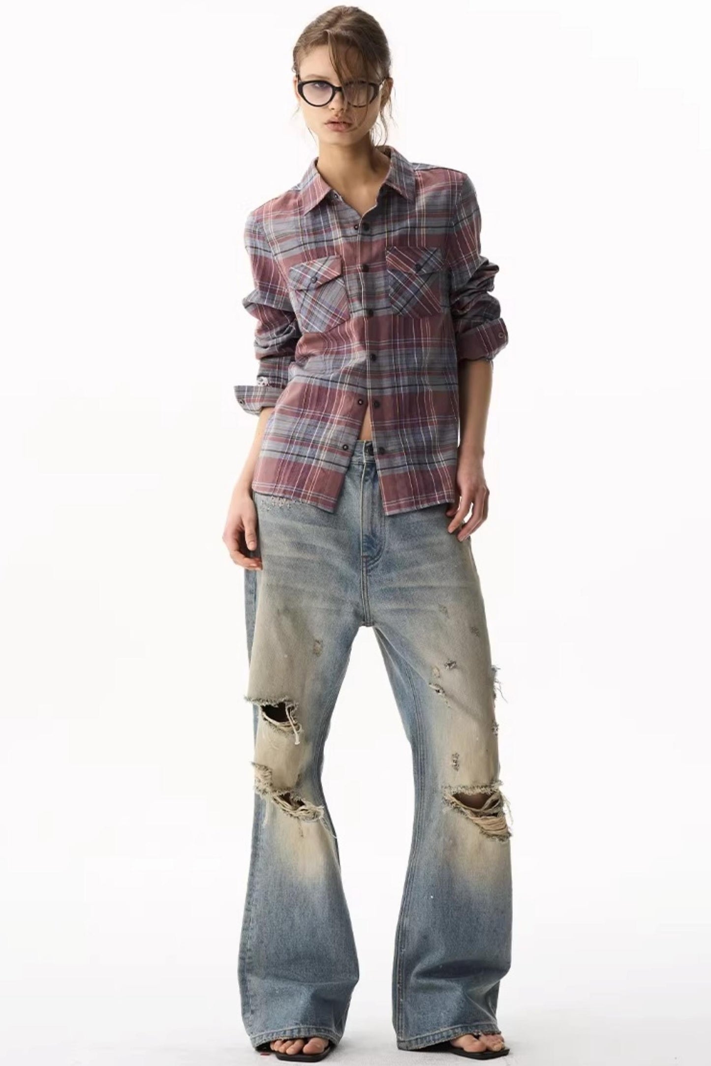 Exitmode Short Plaid Embroidered Shirt