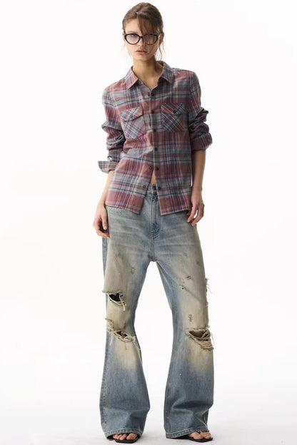 Exitmode Short Plaid Embroidered Shirt
