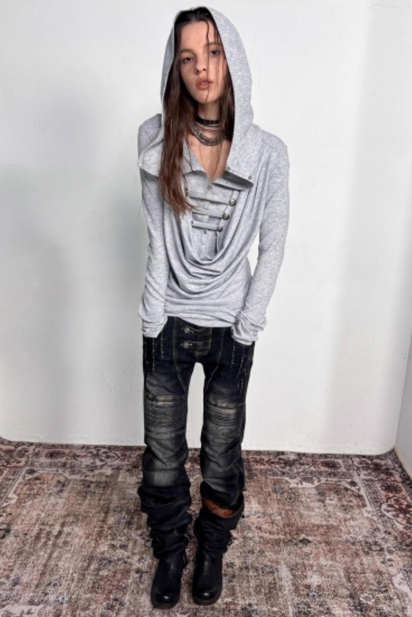 Hooded Metal Buckle Knit Top