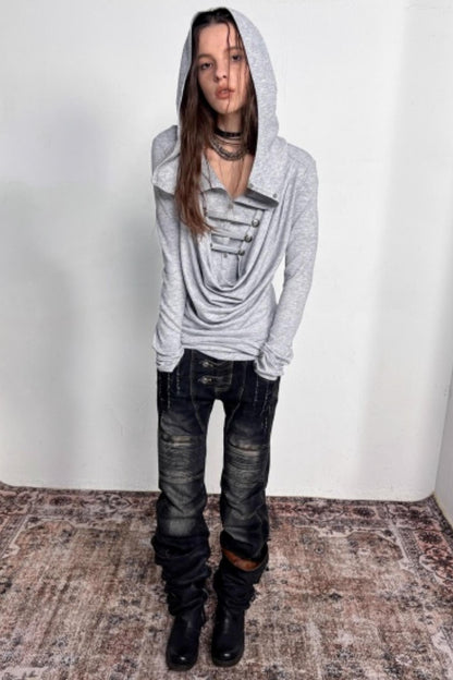 Hooded Metal Buckle Knit Top