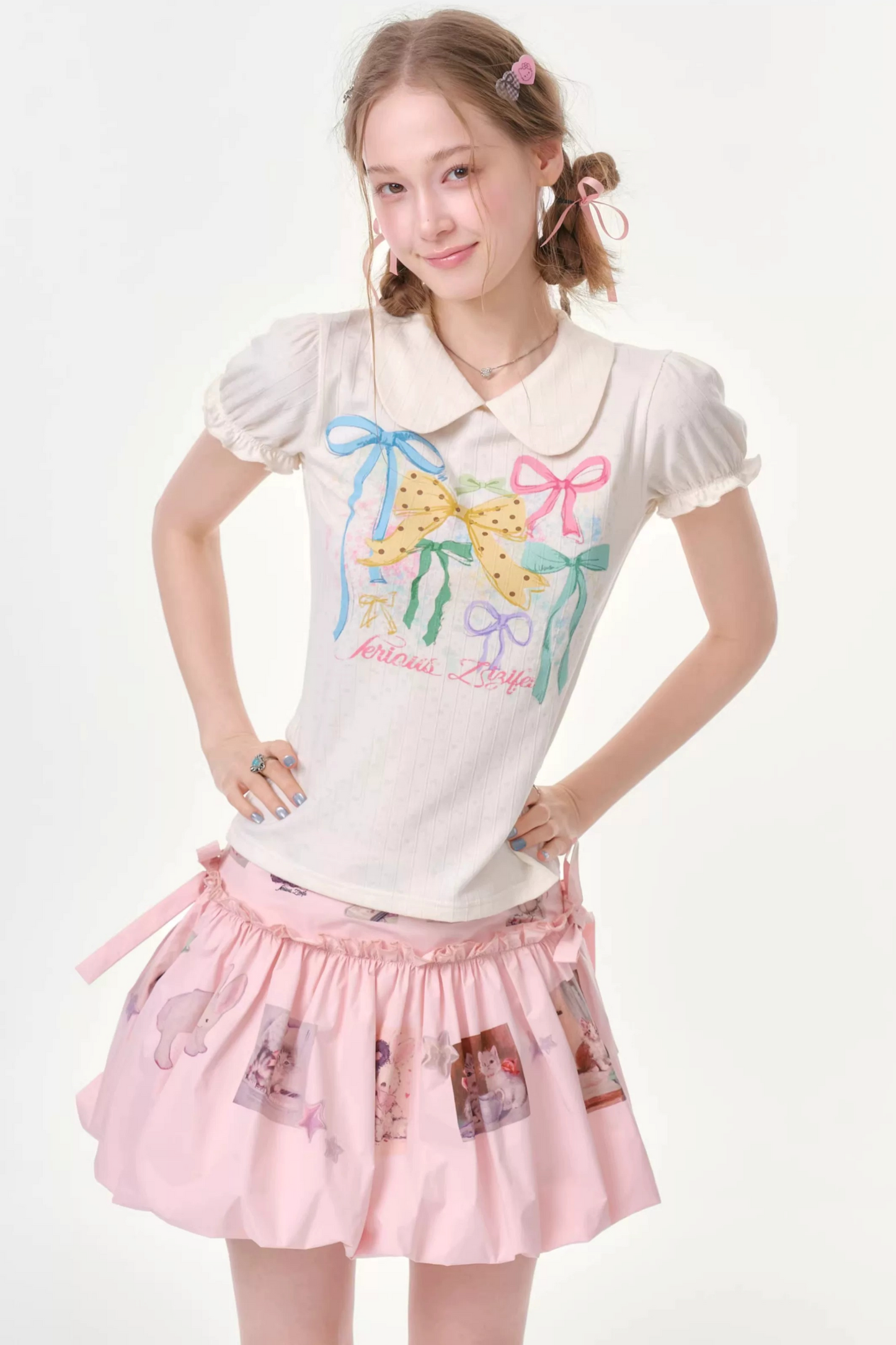 White Floral Bow Puff Sleeve T-Shirt