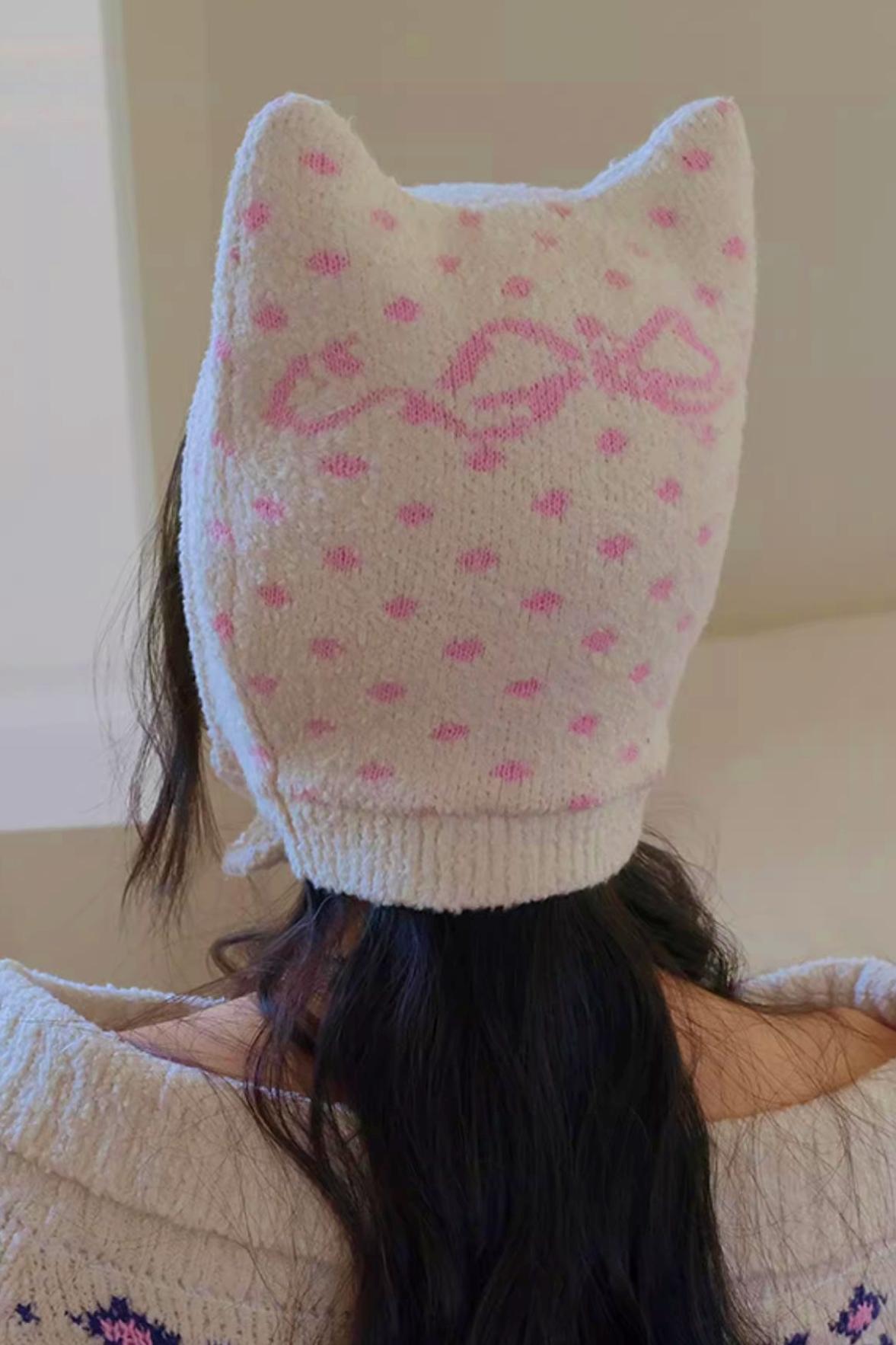플러피 물방울 무늬 울 모자