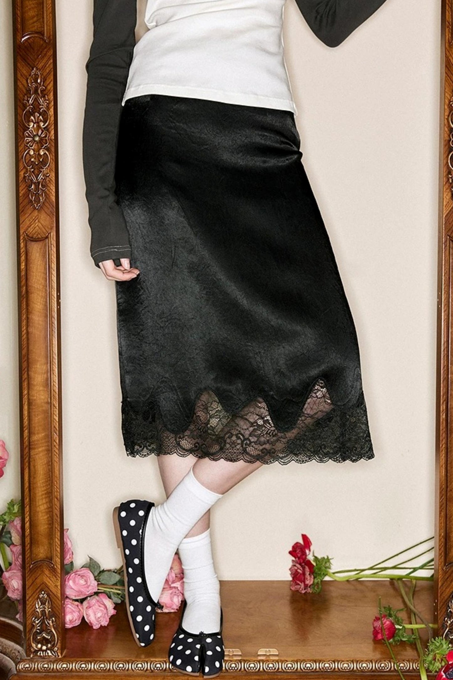 Lace-Trimmed Satin Skirt