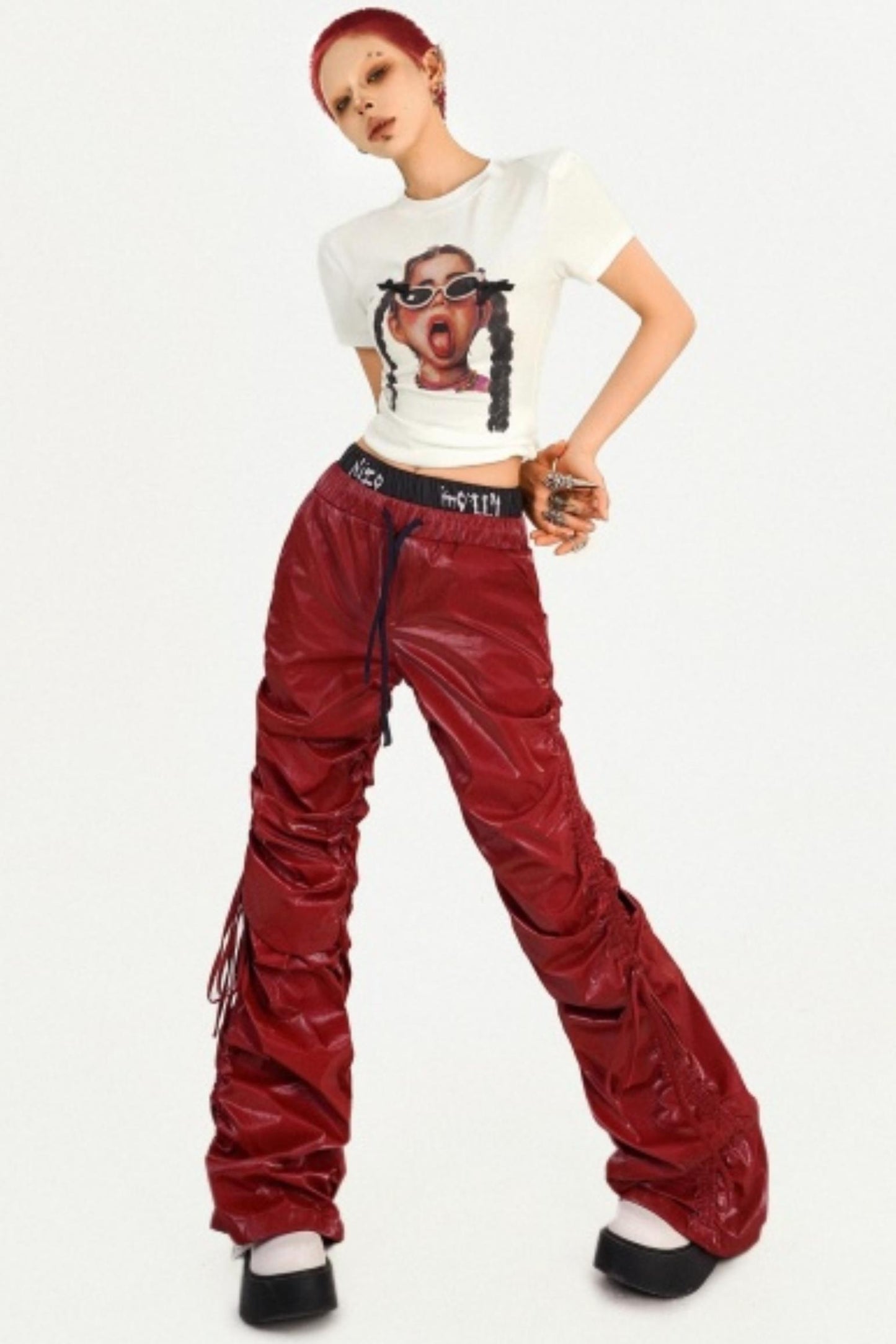 Red Pleated Leather Pants
