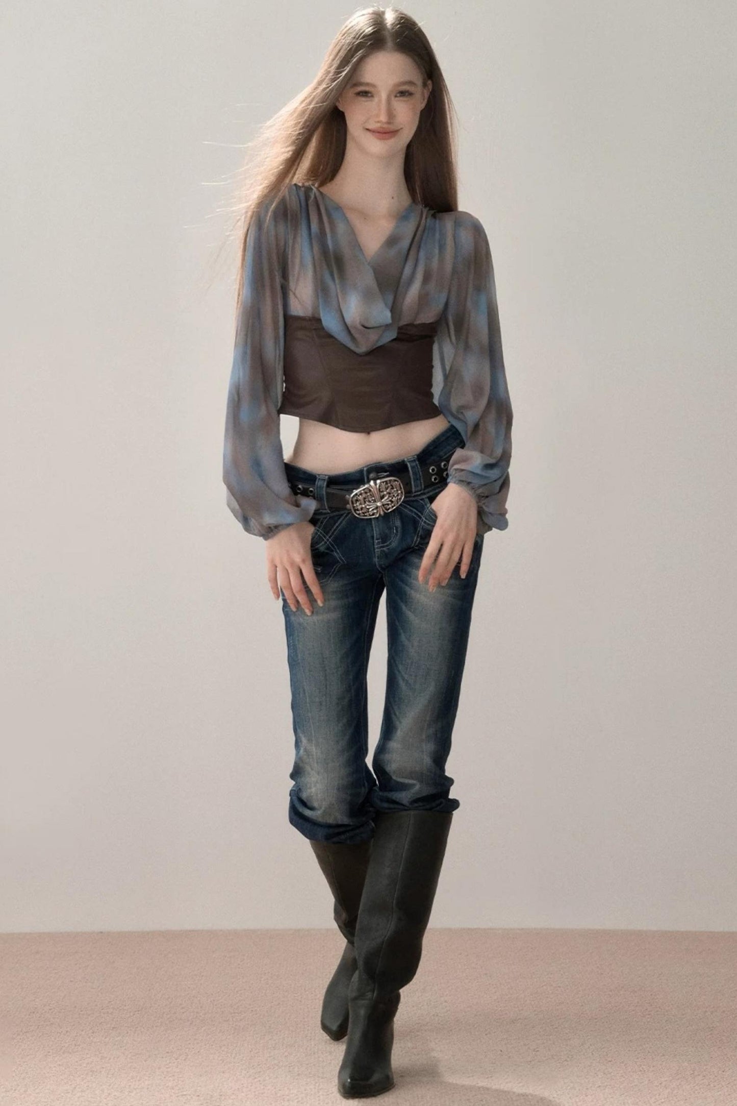 Waist-Cinching Printed Chiffon Shirt