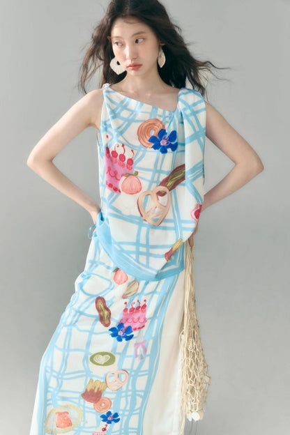 Square Plaid Print Satin Skirt Set-Up