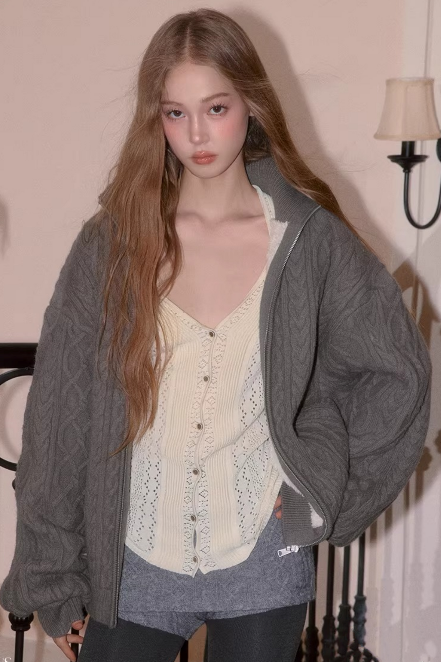 Cable Knit Fleece Sweater Jacket