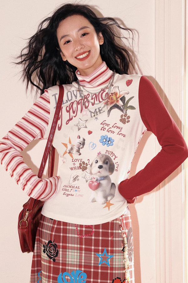 High-Neck Asymmetrical Print T-Shirt