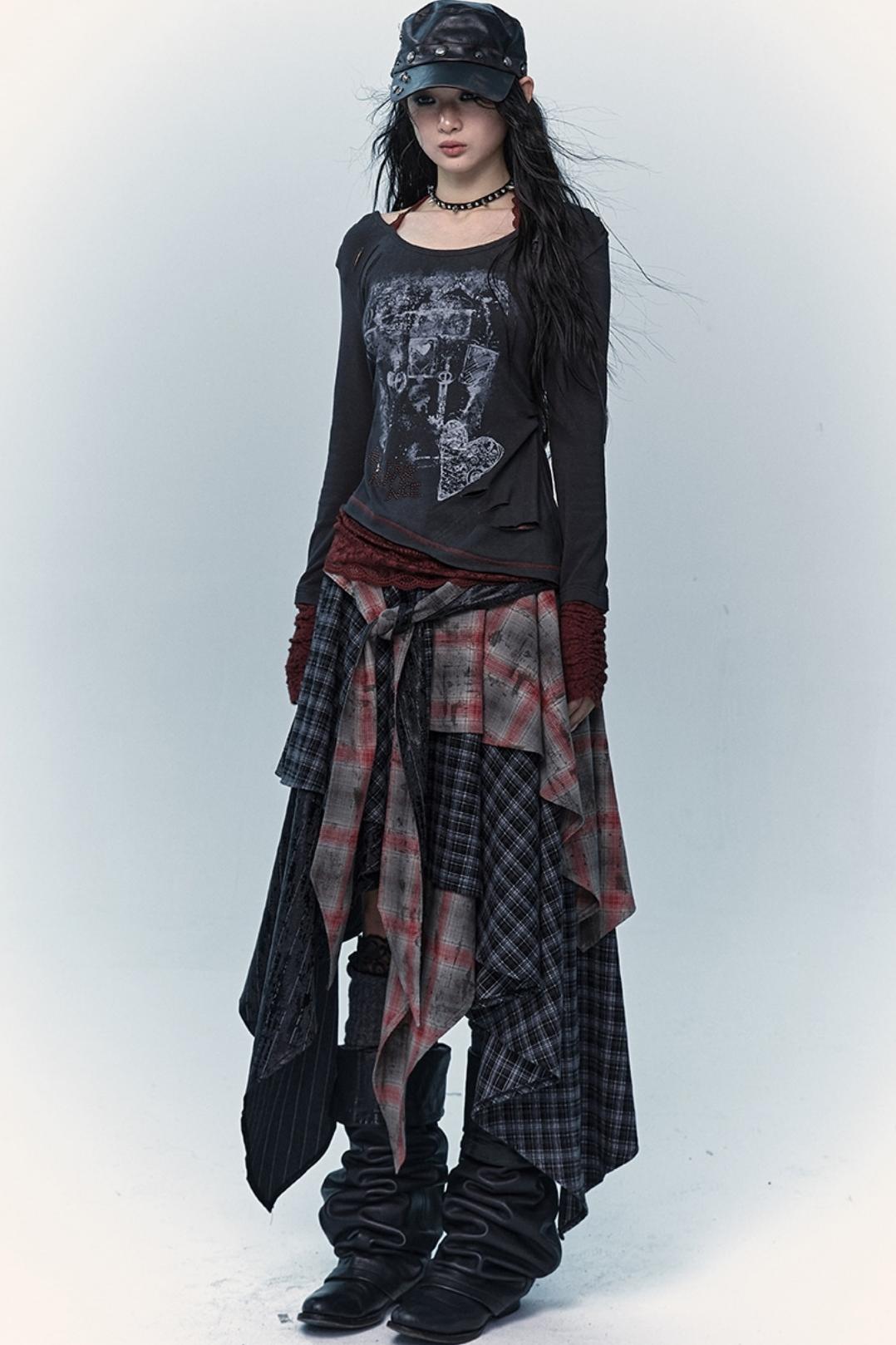 Multi-Layer Check Long Skirt