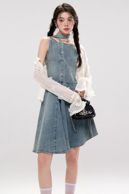 Elegant Ribbon Denim Dress