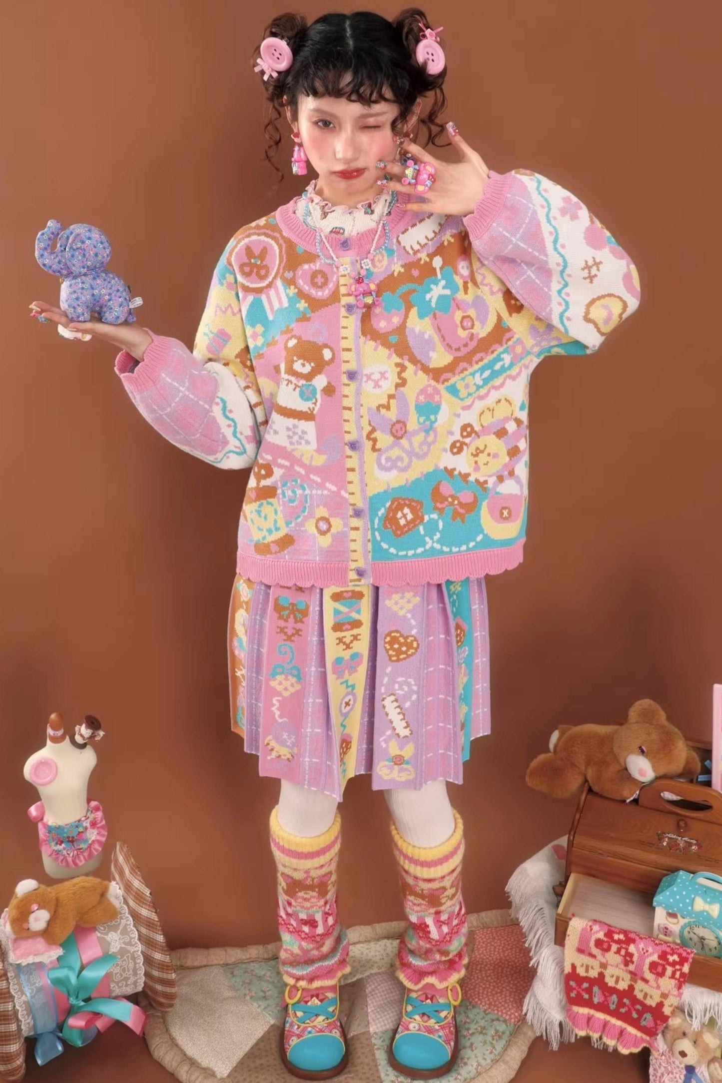 Pink and Purple Plaid Knitted Skirt