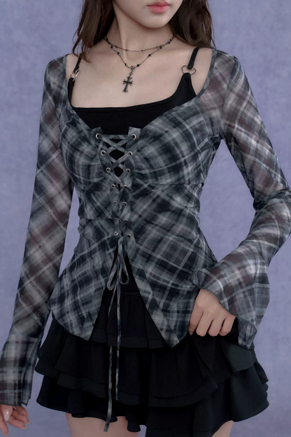 Gray Plaid Tie-Neck Top Set-Up