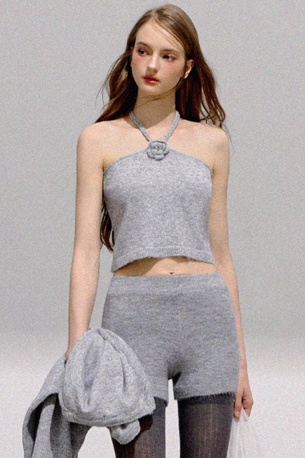 Three-Dimensional Flower U-Neck Sweater Set-Up