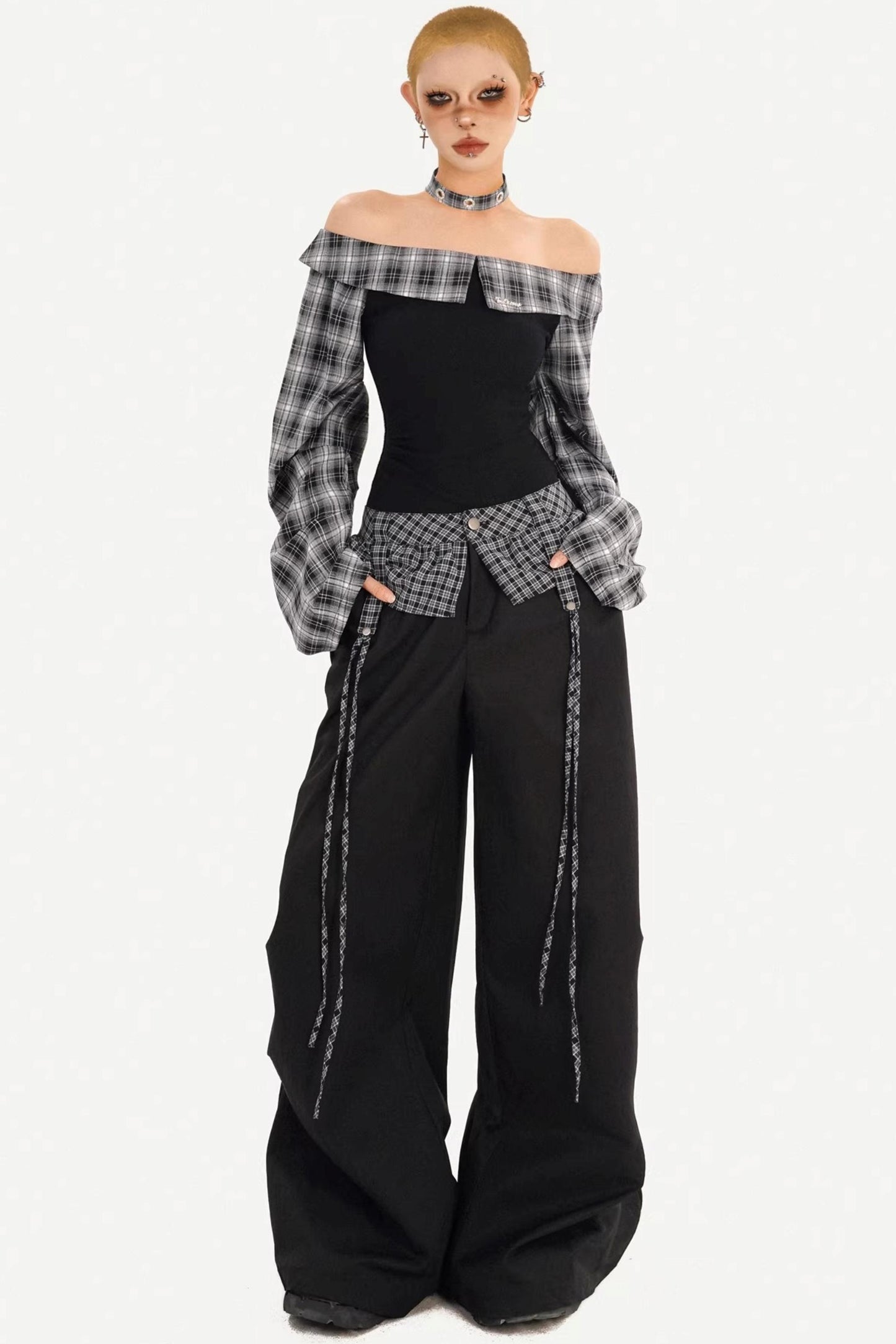 Plaid Off-Shoulder Pants Set-Up