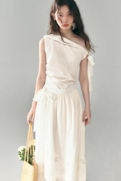 Sunshine Island Tencel Lace-Up Cinched Waist Dress