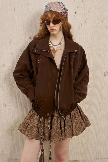 Embroidered Stand Leather Jacket