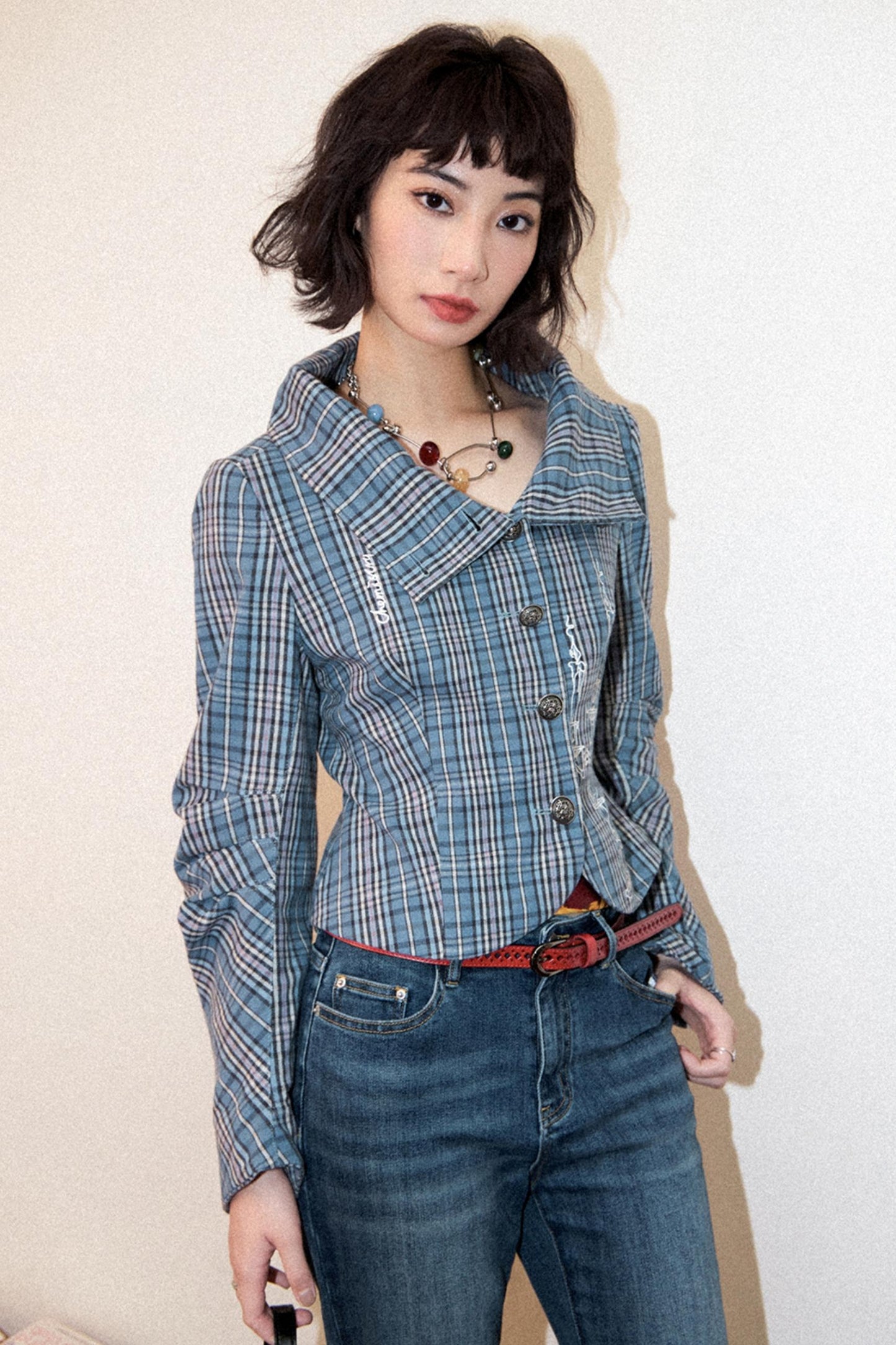 Plaid Embroidered Blazer Top