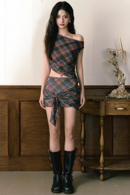 Retro Plaid Mesh Shoulder Wrap Skirt Set-Up