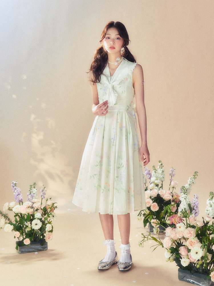 Frills Sailor Collar Floral Sleeveless Dress