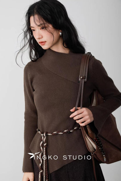 Hollow Slanted Collar Sweater