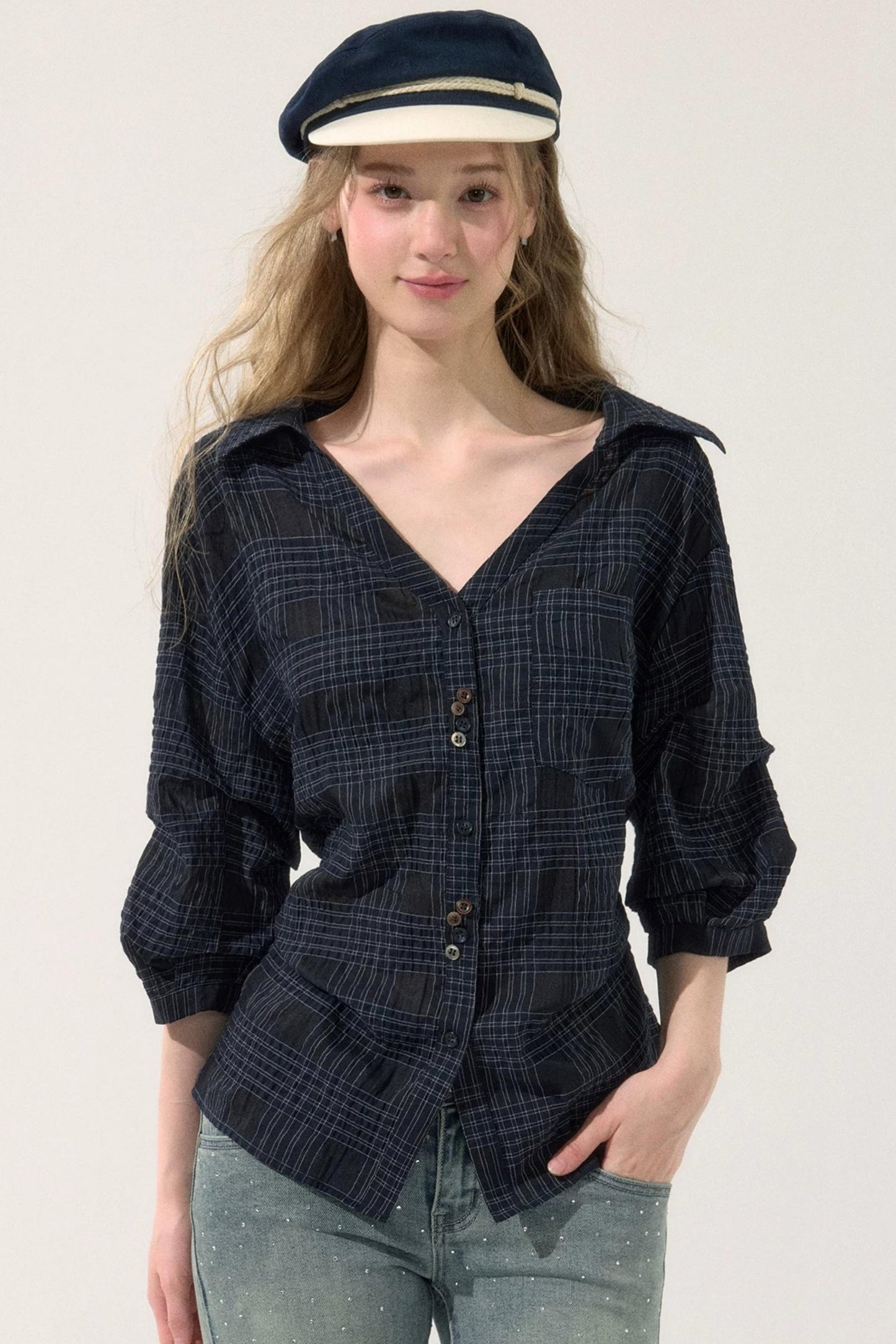 Sweet Plaid Mid-Sleeve Blouse