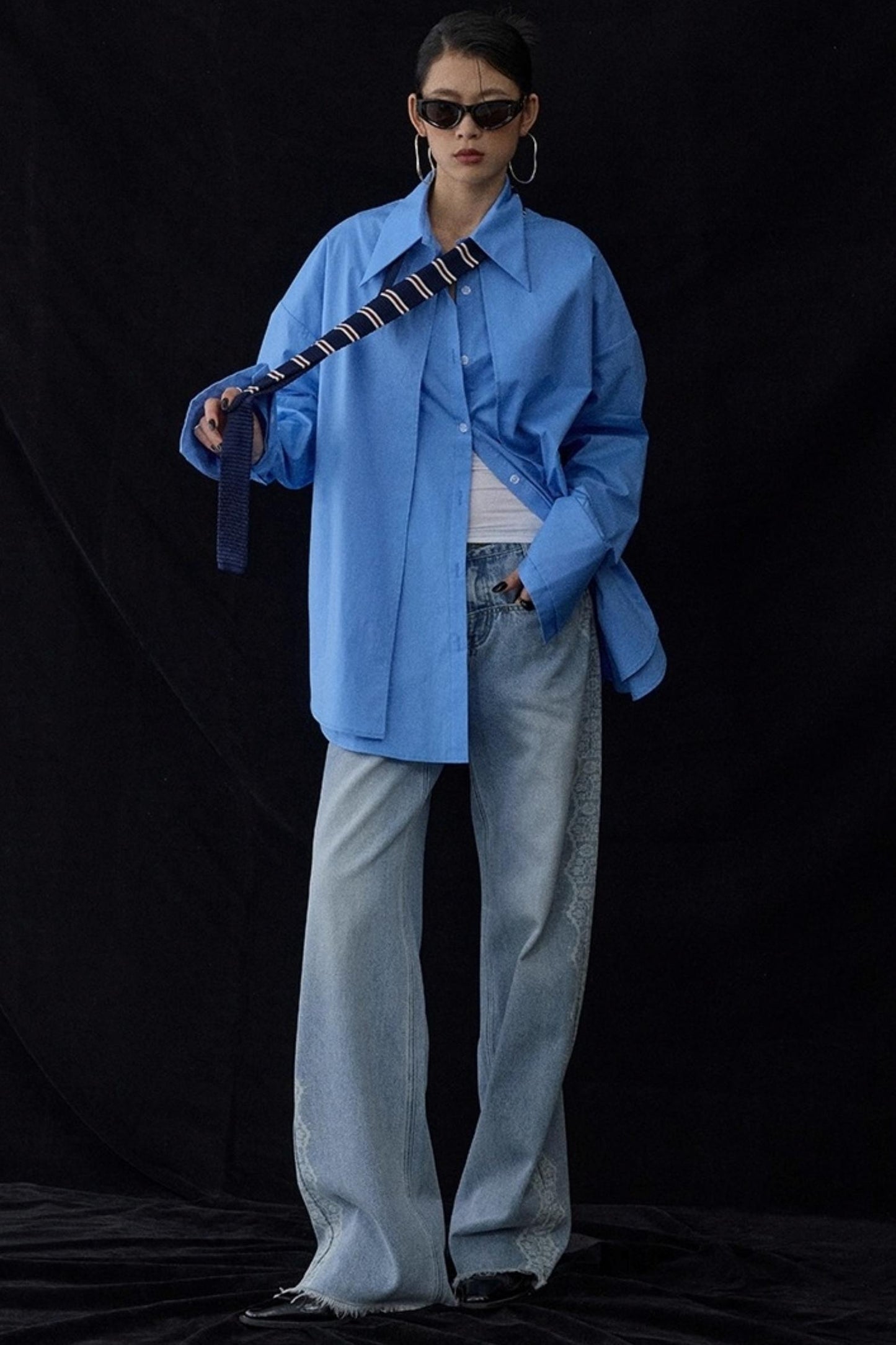Blue Pointed Long-Sleeved Shirt
