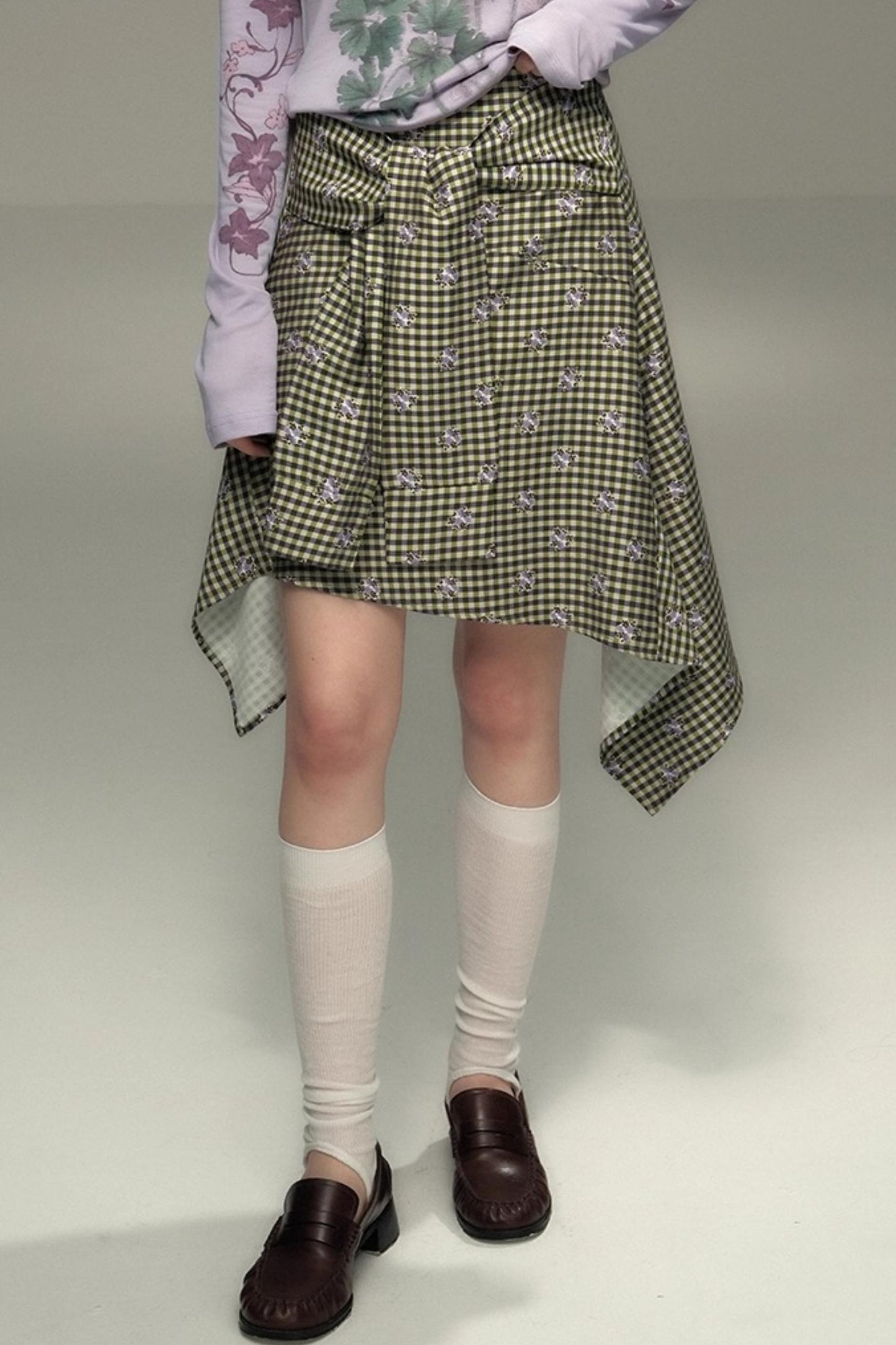 Retro Green Check Lace-Up Skirt