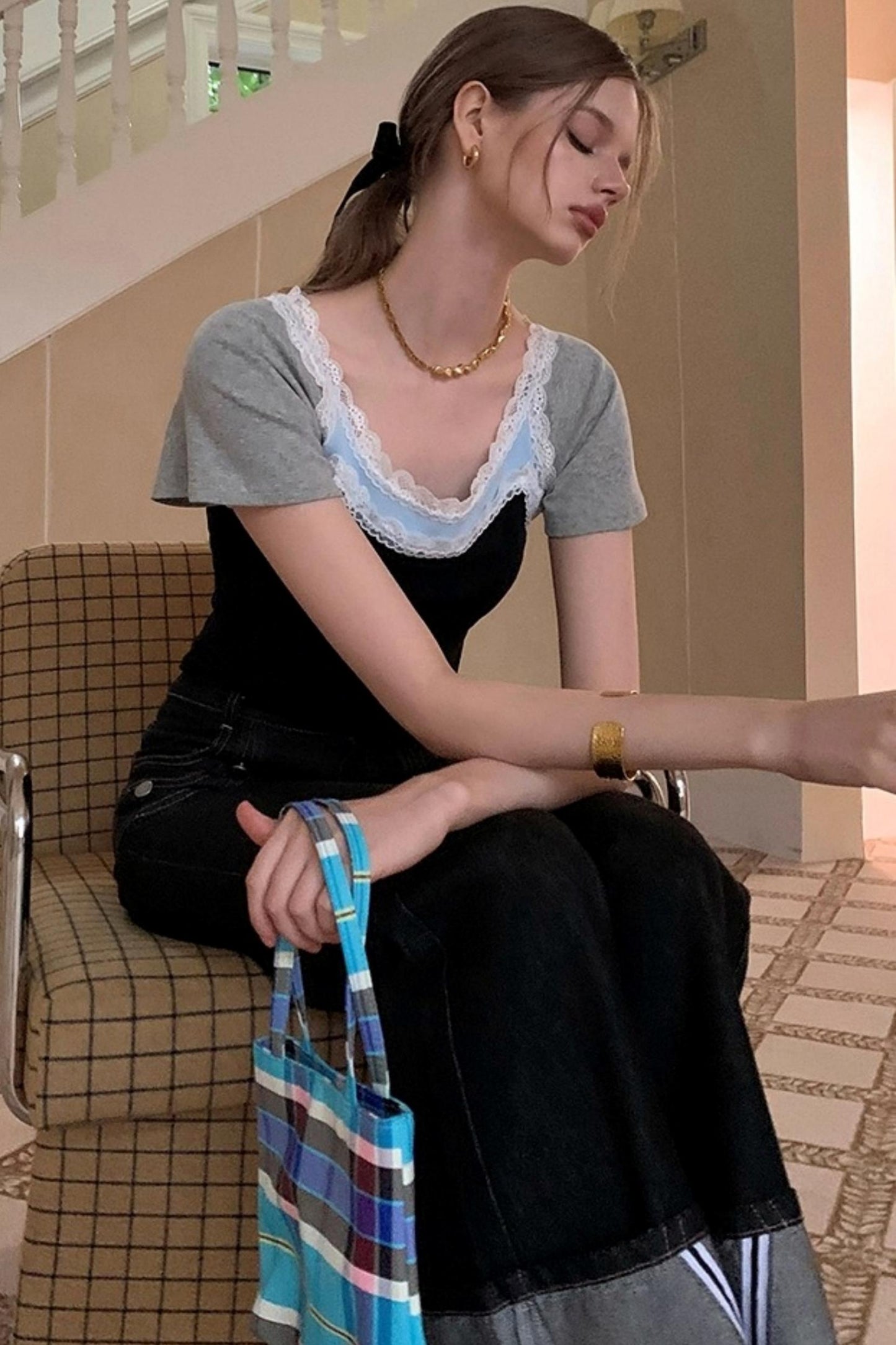 Lace Fake Two-Piece Slim Top