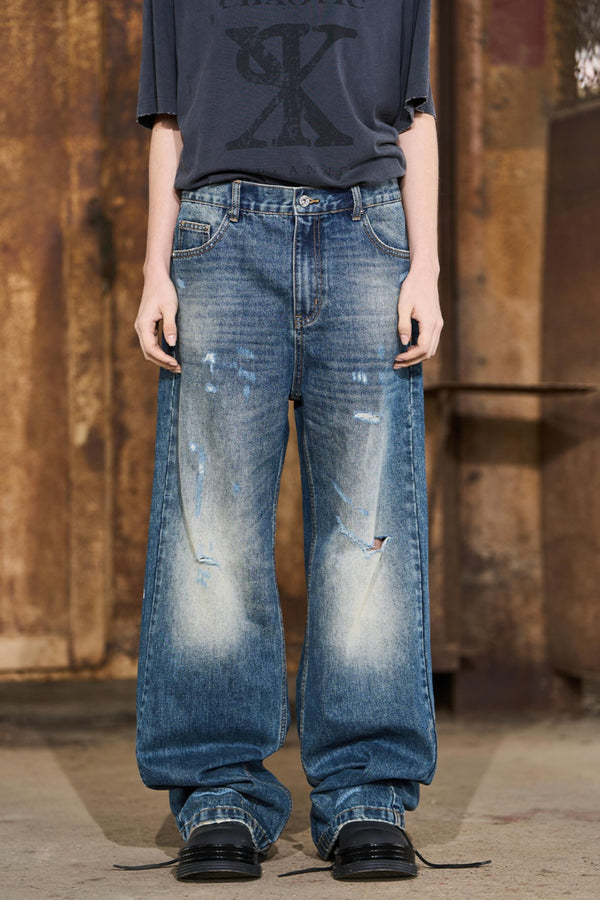 Ripped Straight-Leg Denim Pants